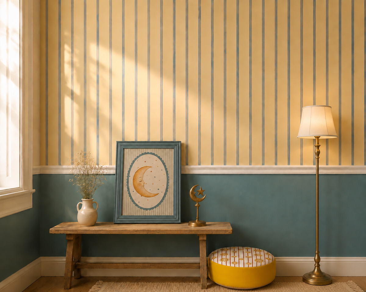 Soft Sand and Blue Striped Wallpaper